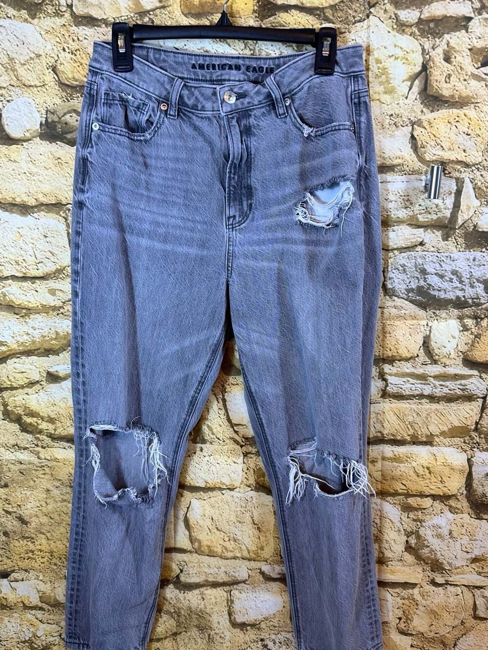 American Eagle Women's Grey Distressed High-Rise Mom Jeans Size 10 Regular
